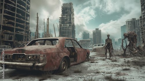 Post-Apocalyptic Cityscape: A haunting image of a desolate city, a lone figure stands amidst the ruins, a sense of foreboding hangs in the air. This post-apocalyptic scene is a captivating reminder of