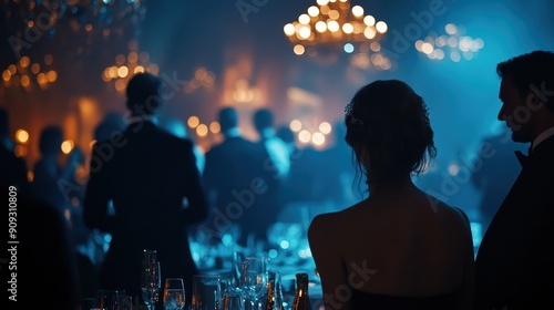 Elegant evening gala event with people dressed in formal attire, sparkling chandeliers, and a luxurious atmosphere. Ideal for celebration and refinement. photo