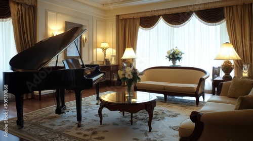 Elegant living room with a grand piano, classy furnishings, and natural light from large windows with drapes.