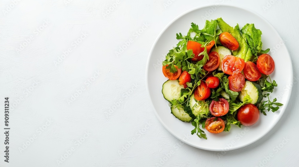 Fresh vegetable salad with tomatoes, cucumbers, and greens on a white plate against a white background. Perfect for healthy eating and diet concepts. Fresh vegetable salad with tomatoes, cucumbers, and greens on a white plate against a white background. Perfect for healthy eating and diet concepts.