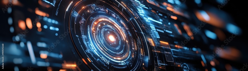 Futuristic digital interface with glowing blue and orange elements, representing advanced technology and high-speed data transfer. Futuristic digital interface with glowing blue and orange elements, representing advanced technology and high-speed data transfer.
