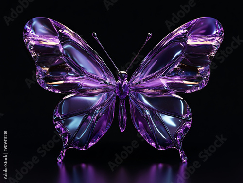 Elegant, shiny purple crystal butterfly on a black background.