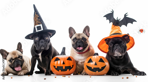 French Bulldog Halloween Squad: A pack of adorable French Bulldogs steal the show in their spooky Halloween costumes, posing with pumpkins for a pawsitively delightful celebration.   photo