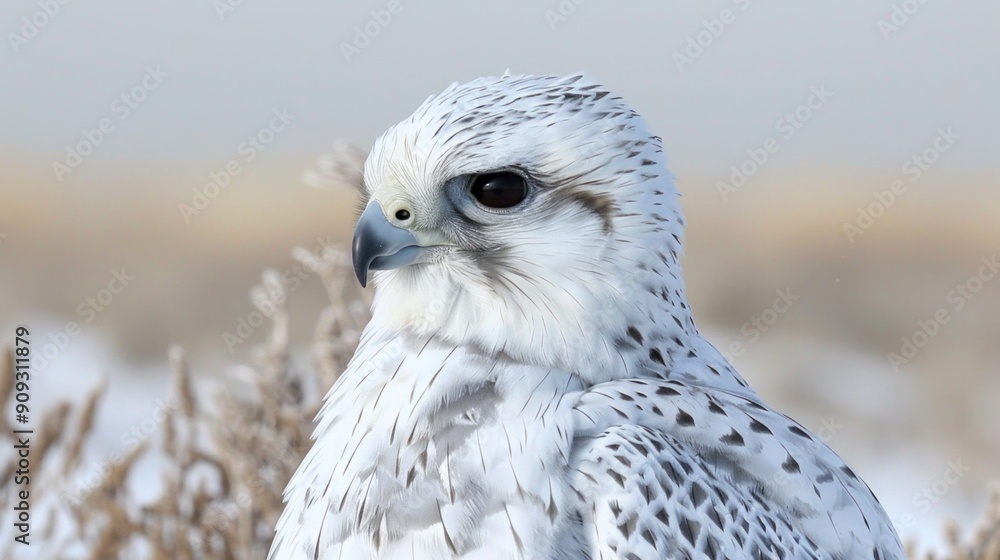 Obraz premium a close-up of a stoic gyrfalcon's head with an icy tundra behind