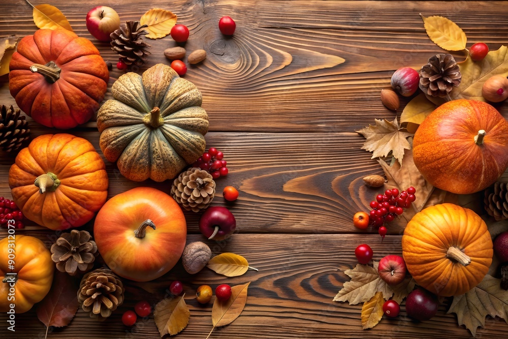Autumn background maple leaves, apples, rose hips, nuts, chestnuts, dried oranges on a wooden table Autumn background maple leaves, apples, rose hips, nuts, chestnuts, dried oranges on a wooden table