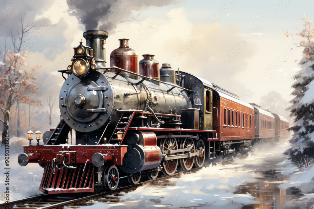 Naklejka premium Red Christmas train on snowy road