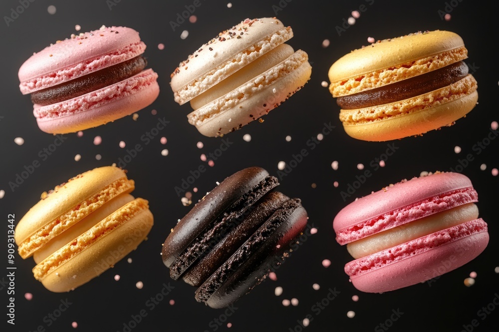 Delicious macarons floating in the air with sprinkles Delicious macarons floating in the air with sprinkles