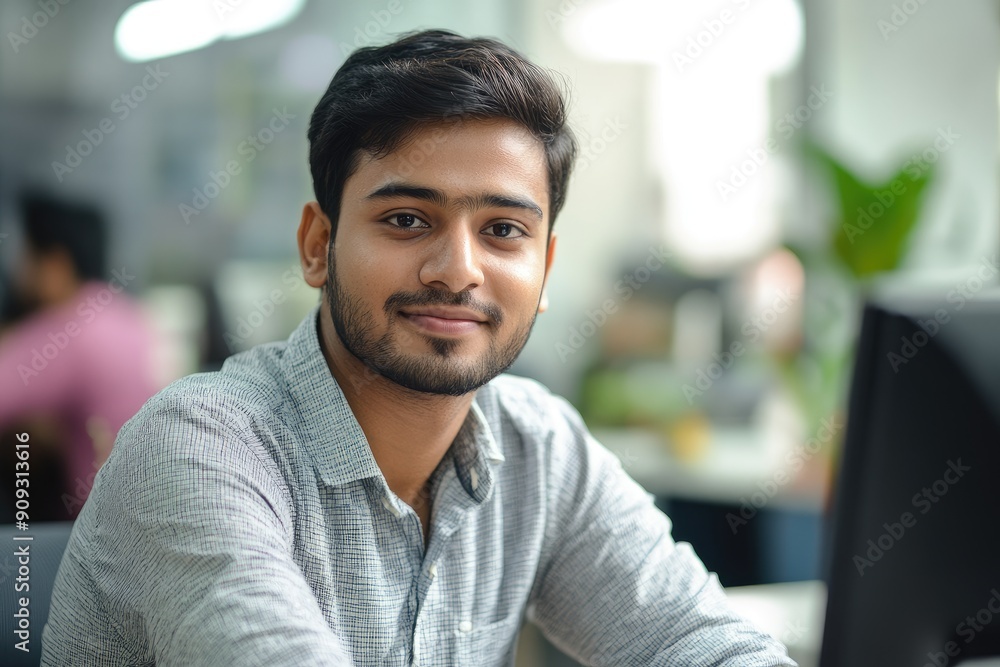 Young indian man smiling working on computer in busy office Young indian man smiling working on computer in busy office