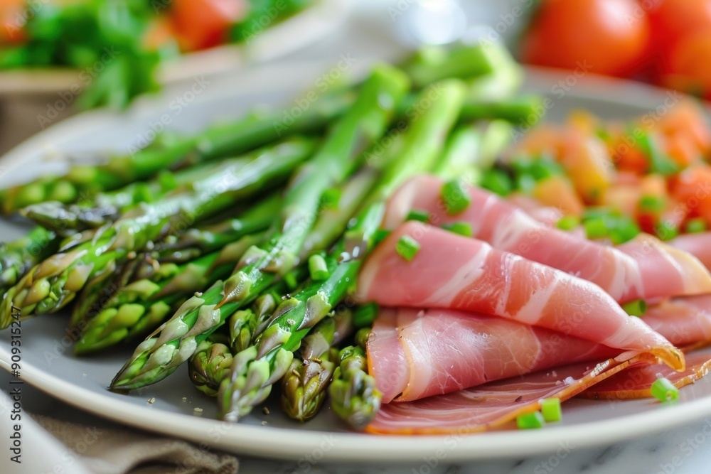 Succulent green asparagus spears wrapped in thin slices of prosciutto, garnished with chopped herbs Succulent green asparagus spears wrapped in thin slices of prosciutto, garnished with chopped herbs