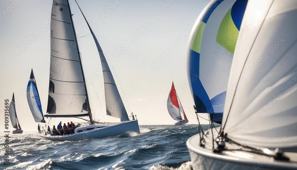 Obraz premium Bright sunlight illuminates a sailboat racing across the churning sea, with a determined sailor adjusting the sails to harness the wind and surge ahead.