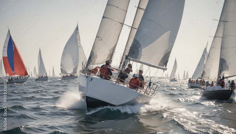 Fototapeta premium Bright sunlight illuminates a sailboat racing across the churning sea, with a determined sailor adjusting the sails to harness the wind and surge ahead.