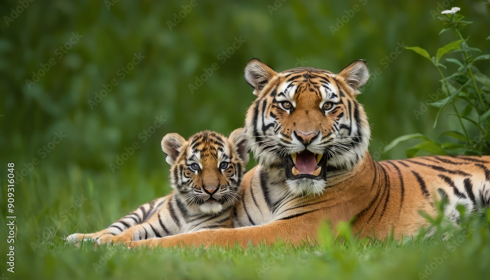 Obraz premium A protective tiger mother lounges on the grass, her cub nestled close, both with a watchful eye and a sense of calm amidst the vibrant green backdrop