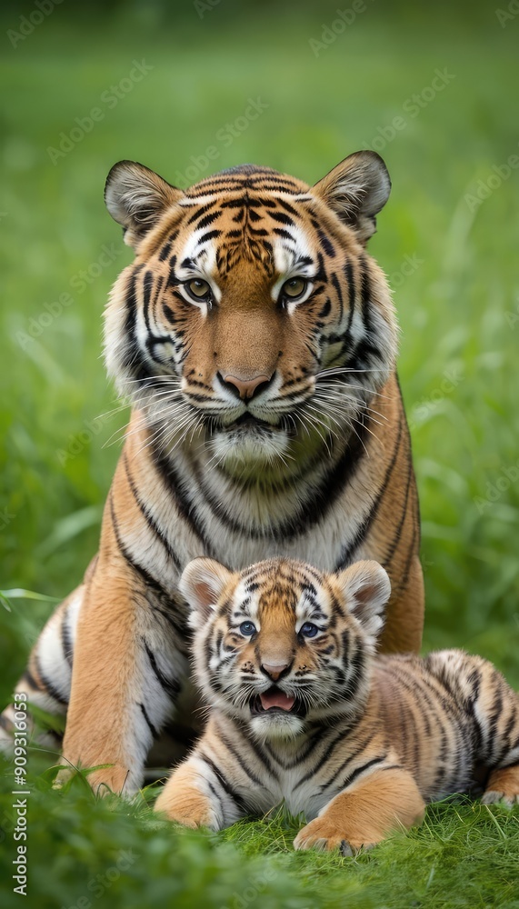 Obraz premium A protective tiger mother lounges on the grass, her cub nestled close, both with a watchful eye and a sense of calm amidst the vibrant green backdrop
