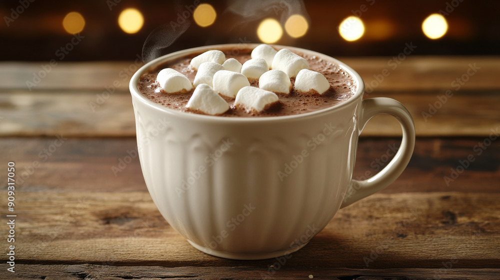 Cup of hot chocolate with marshmallows on rustic wooden table, cozy winter evening concept Cup of hot chocolate with marshmallows on rustic wooden table, cozy winter evening concept