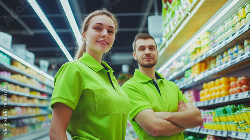 Female and male supermarket two workers in bright green uniforms photo