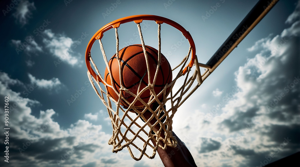 A gracefully soaring basketball effortlessly glides through the hoop, as it lands in the net. A gracefully soaring basketball effortlessly glides through the hoop, as it lands in the net.
