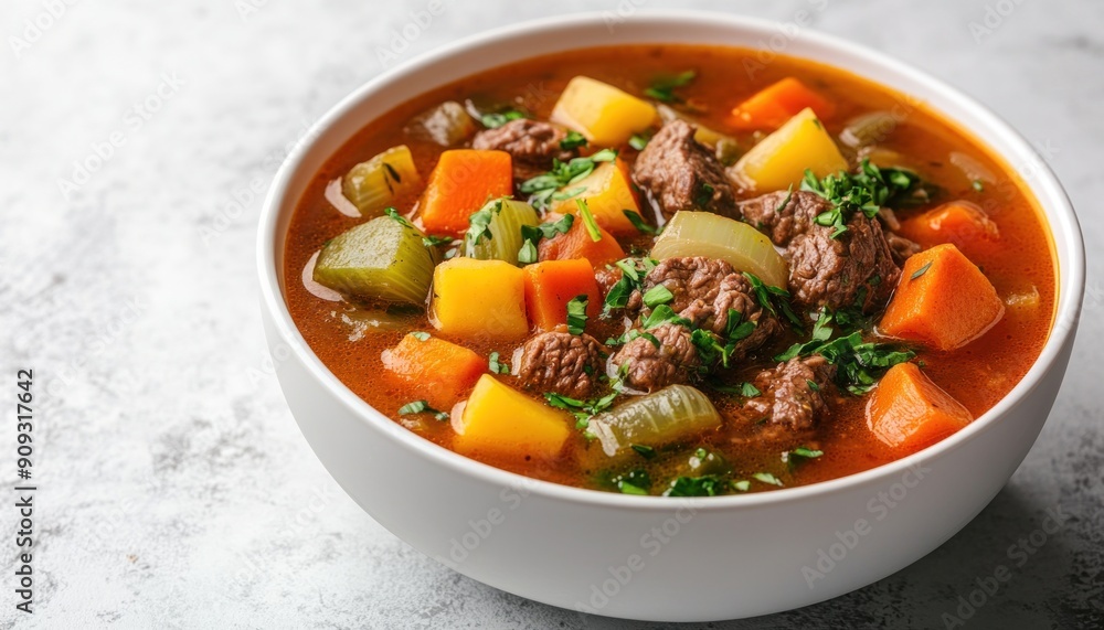 A delicious bowl filled to the brim with savory beef stew, featuring carrots, potatoes, and green peppers A delicious bowl filled to the brim with savory beef stew, featuring carrots, potatoes, and green peppers