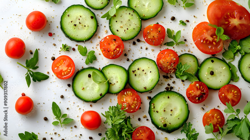 Culinary background with cucumber and tomato slices on a white table, Culinary background with cucumber and tomato slices on a white table,