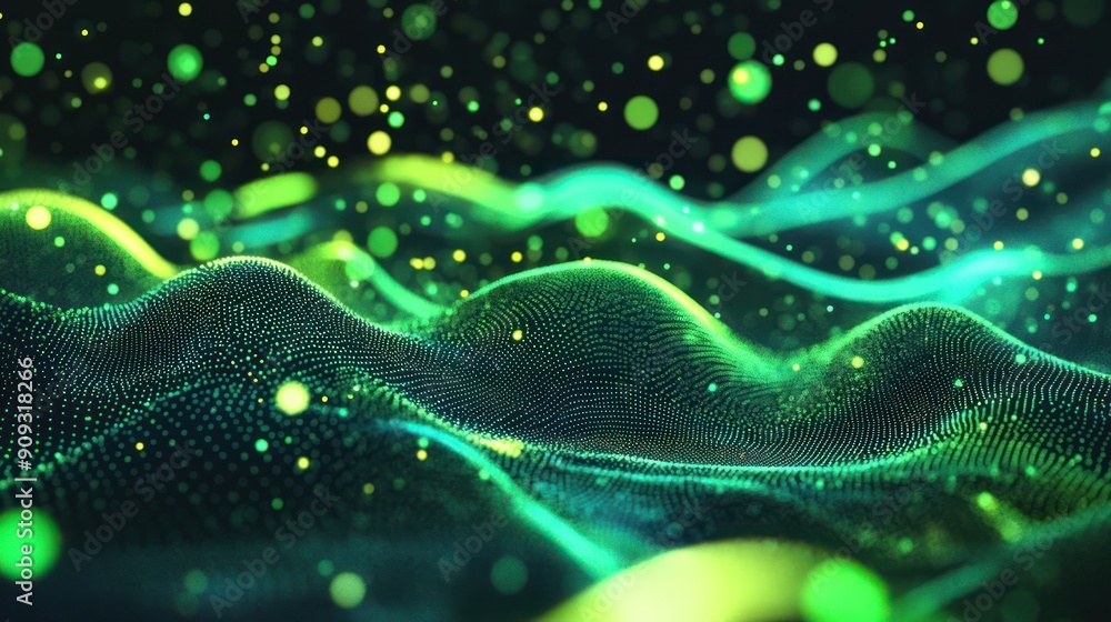 Abstract Green Waves with Glowing Particles Abstract Green Waves with Glowing Particles