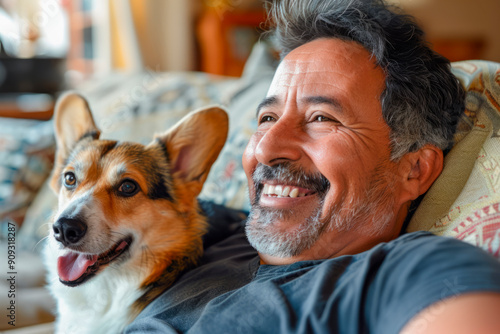 Happy mature Hispanic man 50 years old with corgi dog on sofa in living room of apartment for support, love and care, playing with his faithful puppy. Side view