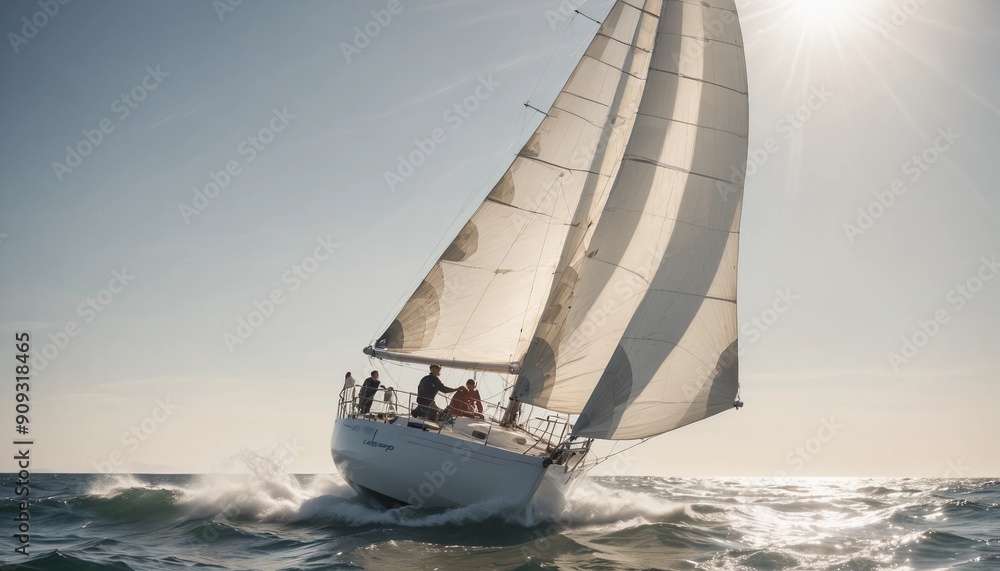 Naklejka premium Bright sunlight illuminates a sailboat racing across the churning sea, with a determined sailor adjusting the sails to harness the wind and surge ahead.