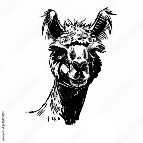 Whimsical Black and White Alpaca Illustration Artwork photo