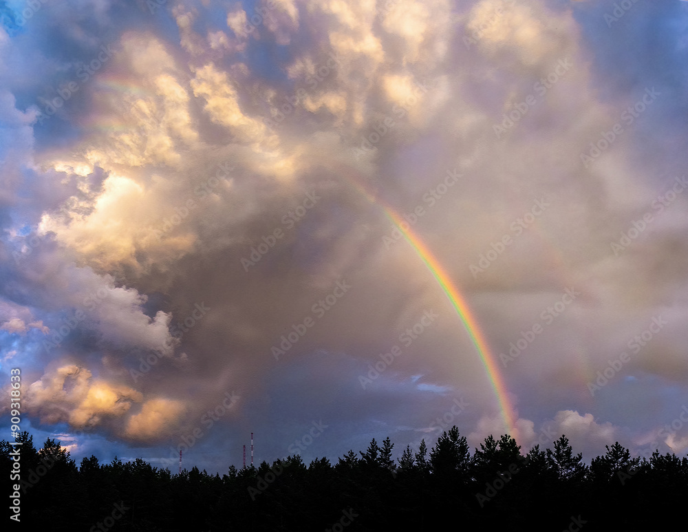 A colorful double rainbow rises high above the tops of the pine trees and goes into the clouds illuminated by the sun. Colorful natural background with rainbow after rain. A colorful double rainbow rises high above the tops of the pine trees and goes into the clouds illuminated by the sun. Colorful natural background with rainbow after rain.