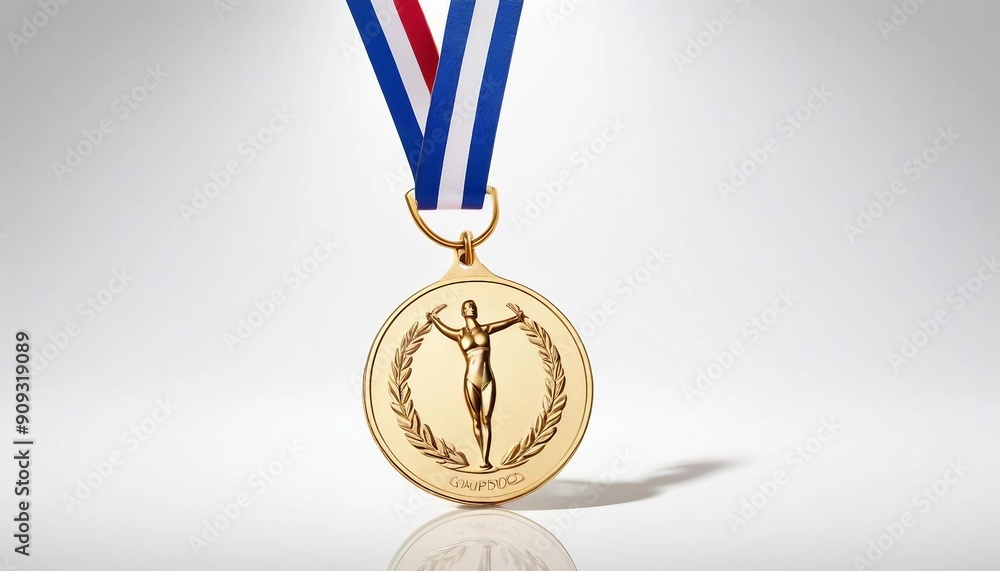 An Olympic gold medal hangs by its ribbon against a clean white background, showcasing its craftsmanship and detailing, with a subtle shadow below adding depth and focus to the image.
An Olympic gold medal hangs by its ribbon against a clean white background, showcasing its craftsmanship and detailing, with a subtle shadow below adding depth and focus to the image.