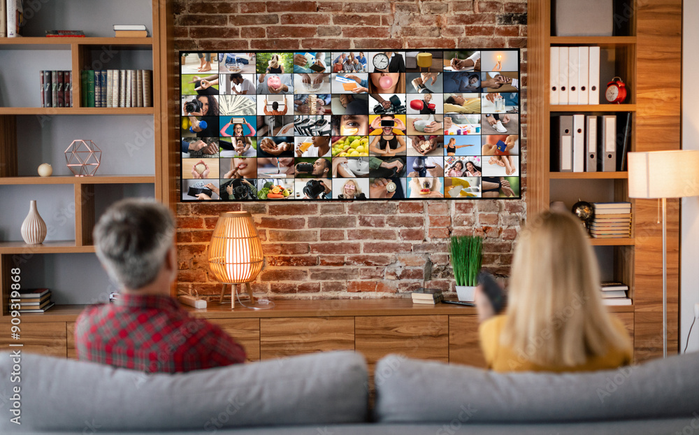 A couple sits on a couch in a living room, facing a large television screen displaying a mosaic of images. The room features a brick wall and wood accents, suggesting a comfortable and cozy atmosphere A couple sits on a couch in a living room, facing a large television screen displaying a mosaic of images. The room features a brick wall and wood accents, suggesting a comfortable and cozy atmosphere
