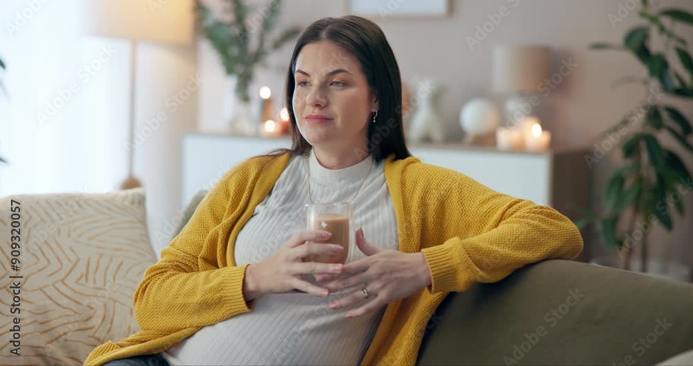 Coffee, relax and thinking with pregnant woman on sofa in living room of home for maternity wellness. Break, drink and smile of happy mother with glass in apartment for comfort, pregnancy or rest Coffee, relax and thinking with pregnant woman on sofa in living room of home for maternity wellness. Break, drink and smile of happy mother with glass in apartment for comfort, pregnancy or rest