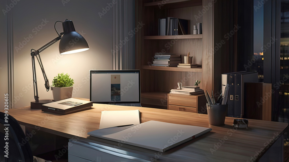 a simple wooden office desk in a small white office, a pleasant cozy atmosphere for comfortable work a simple wooden office desk in a small white office, a pleasant cozy atmosphere for comfortable work