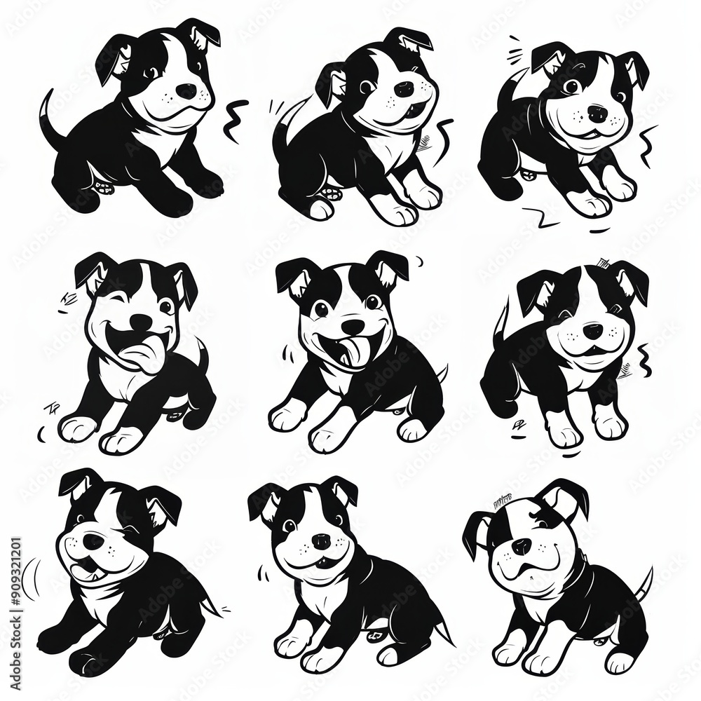 Naklejka premium Happy Smiling Dog Ink Drawing Set for Storytelling