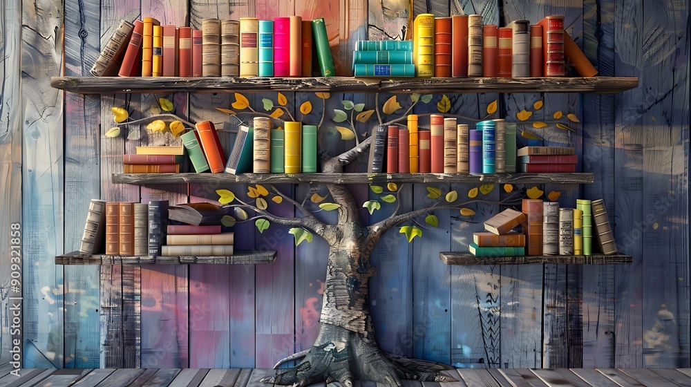 Tree of knowledge wooden shelf with multicolor books Tree of knowledge wooden shelf with multicolor books