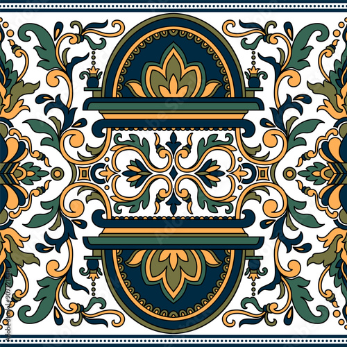 Traditional spanish floral ornament floor tiles. Portuguese motifs. Intricate mosaic pattern design