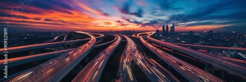 futuristic highway at sunset, showcasing advanced automotive technology. modern infrastructure, sunset, realistic photo, hyper realistic