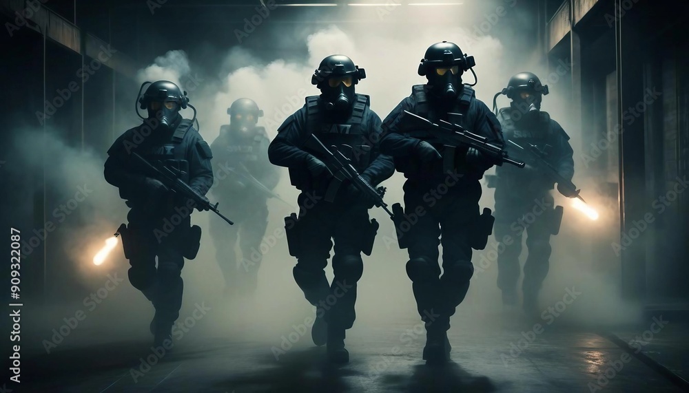 A SWAT team in full tactical gear moves through a smoke-filled corridor ...