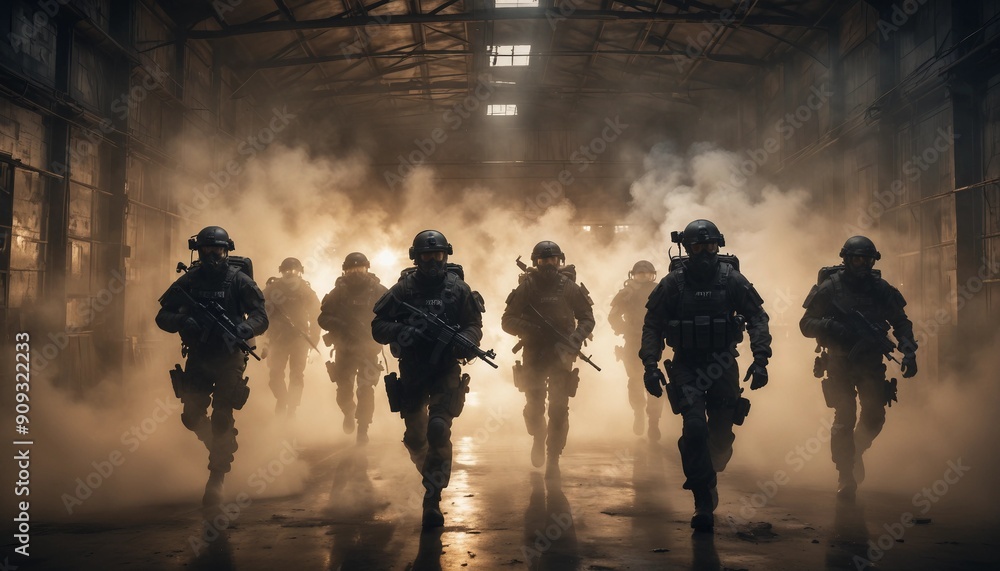 A SWAT team in full tactical gear moves through a smoke-filled corridor ...
