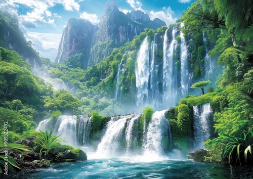 Mesmerizing Lush Green Forest Landscape with Multiple Cascading Waterfalls Under Bright Blue Sky and White Clouds