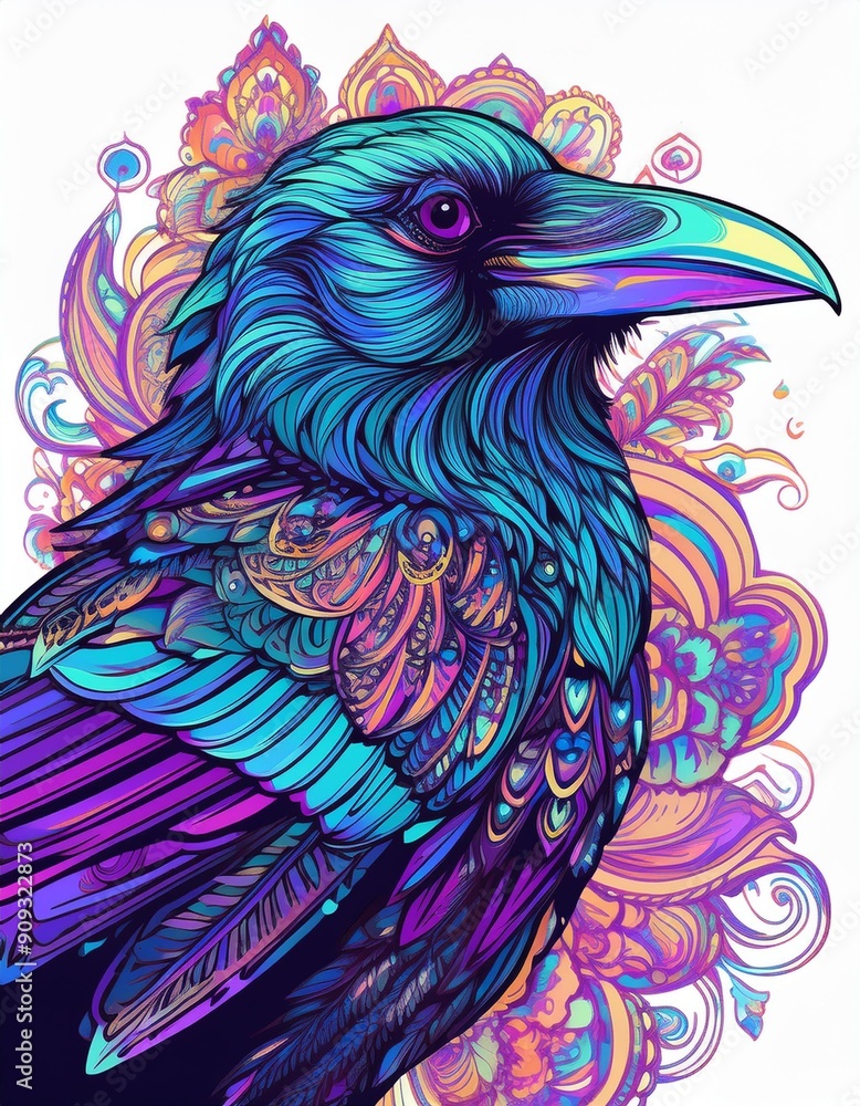 Obraz premium Psychadelic theme Crow. Spirit Animal totem guide illustration