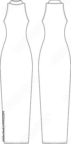 sleeveless turtleneck high neck body con long maxi dress template technical drawing flat sketch cad mockup fashion woman design style model
