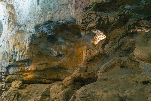 Geological structures and formations of limestone in cave of skulls, Cueva de las Calaveras in Benidoleig, Valencia. 