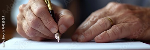 Elderly Hands Writing: Close-up of wrinkled hands carefully writing with a fountain pen on a blank sheet of paper. The image evokes a sense of wisdom, experience, and the timeless act of putting pen t photo