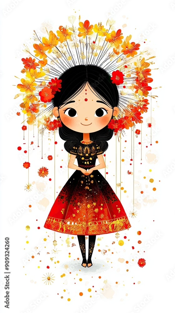 Fototapeta premium Colorful Illustration of a Girl in Traditional Dress