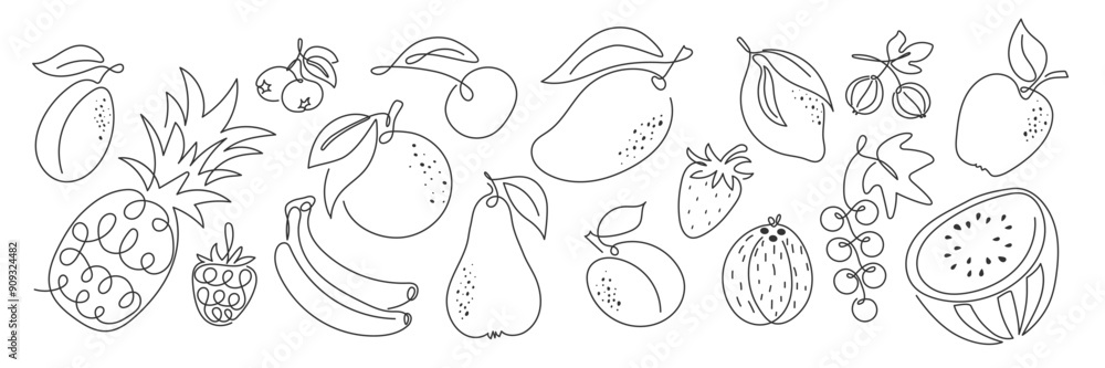 Obraz premium Doodle outline various fruit collection. Cute tropical garden fruits, berries. Abstract Healthy food sketch black and white illustration. Summer fresh organic ingredients set