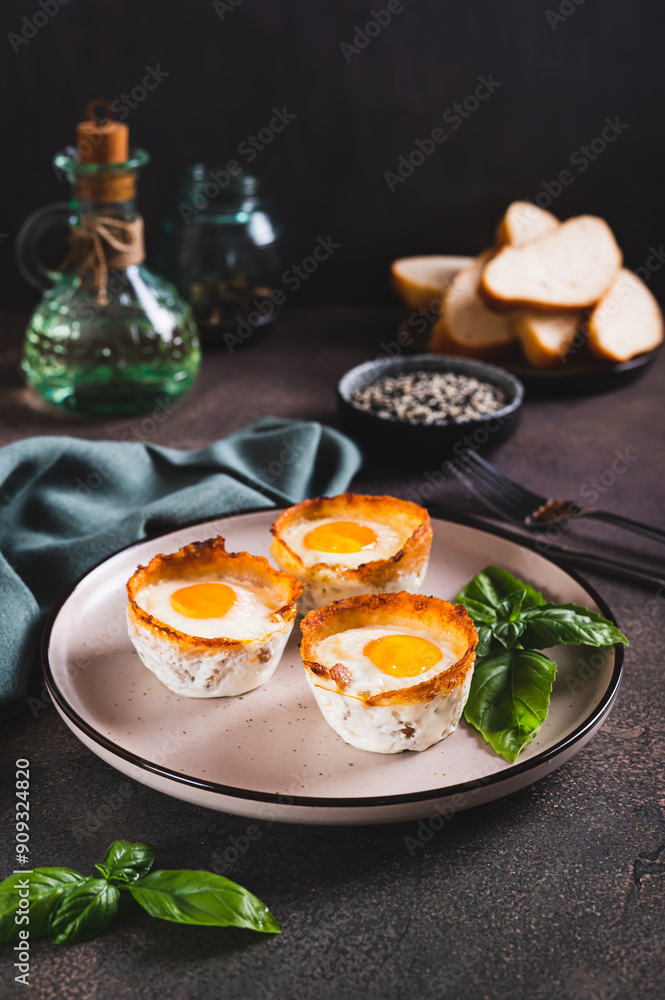 Chicken eggs baked in bacon and basil leaves on a plate on the table vertical view Chicken eggs baked in bacon and basil leaves on a plate on the table vertical view
