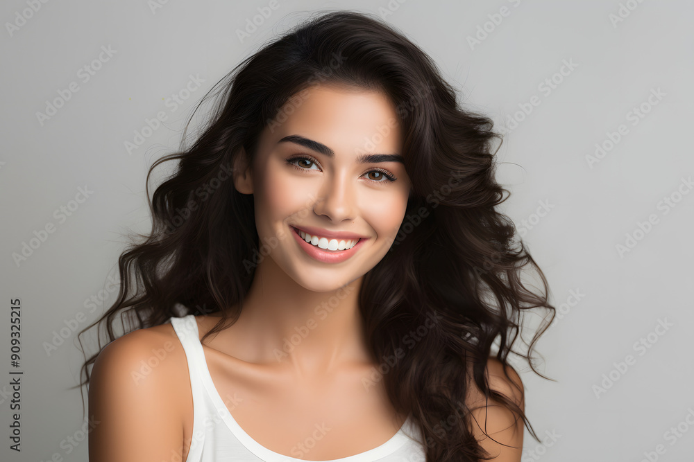 beautiful female model smiling looking into the camera on grey background, portrait of a woman beautiful female model smiling looking into the camera on grey background, portrait of a woman