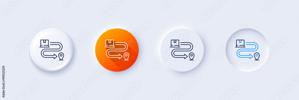 Delivery service line icon. Neumorphic, Orange gradient, 3d pin buttons. Package location sign. Tracking parcel symbol. Line icons. Neumorphic buttons with outline signs. Vector Delivery service line icon. Neumorphic, Orange gradient, 3d pin buttons. Package location sign. Tracking parcel symbol. Line icons. Neumorphic buttons with outline signs. Vector