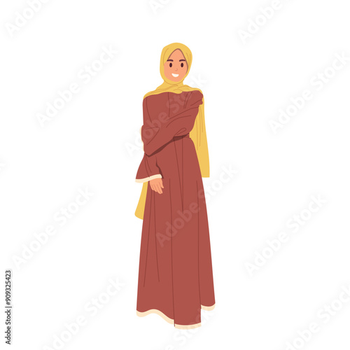 Young Arabic woman cartoon character with elegant appearance wearing ethnic dress and headscarf