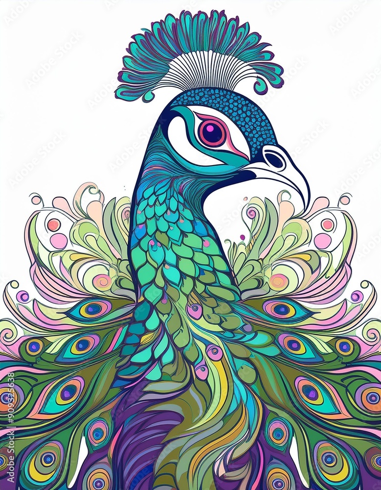 Fototapeta premium Psychadelic theme Peacock. Spirit Animal totem guide illustration
