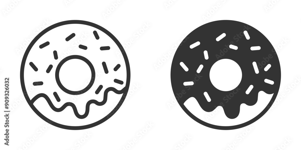 Donut icons with icing and sprinkles in outline and silhouette styles. Perfect for bakery, dessert, and food themes. Vector illustration. Donut icons with icing and sprinkles in outline and silhouette styles. Perfect for bakery, dessert, and food themes. Vector illustration.